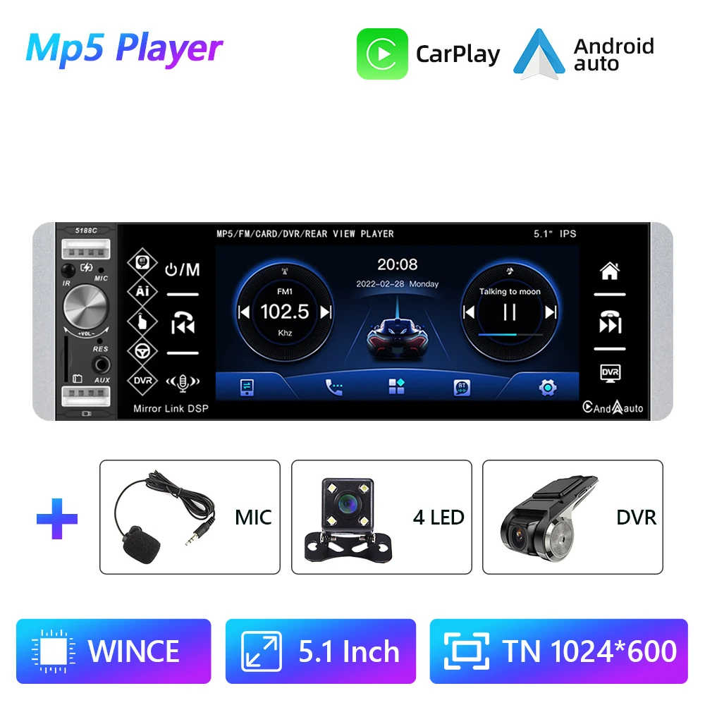 pioneer car audio Podofo 1din MP5 Player Touch Car Radio RDS AM FM 4-USB 5.1 Inches Support Android Mirrorlink Bluetooth Carplay Autoradio DVR car audio installation near me Car Radios