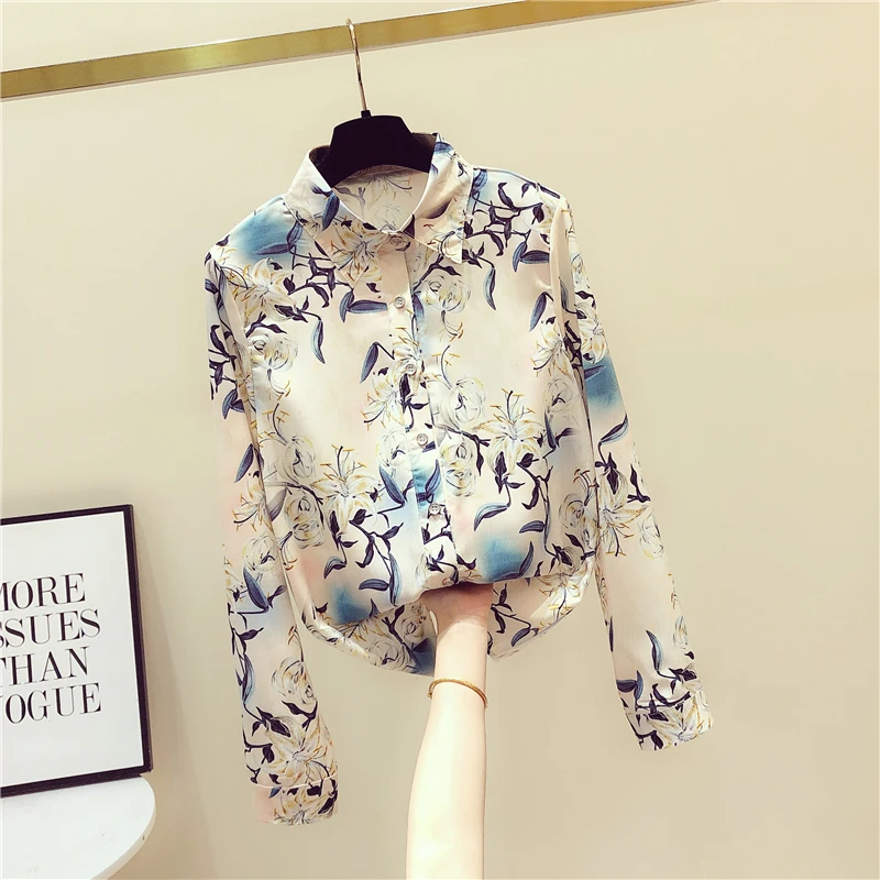 

Printed Chiffon Women Shirts Summer New 2022 Turn-Down Collar Loose Office Lady Elegant Long-Sleeved Outwear Tops