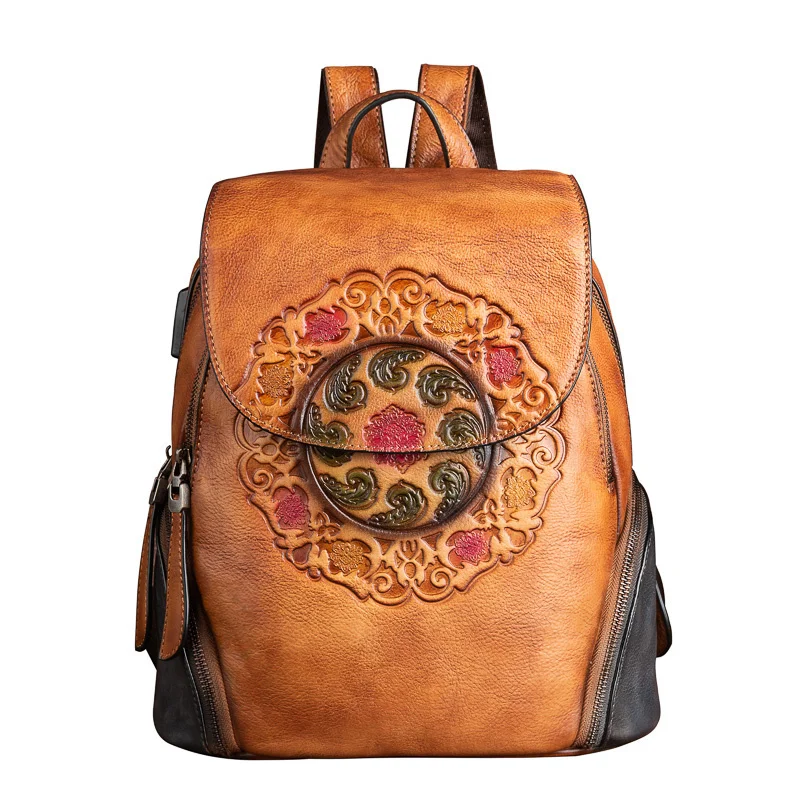 

Women Genuine Leather Backpack School Book Bag Embossing Handmade Retro Luxury Female Lady First Layer Cowhide Satchel Rucksack