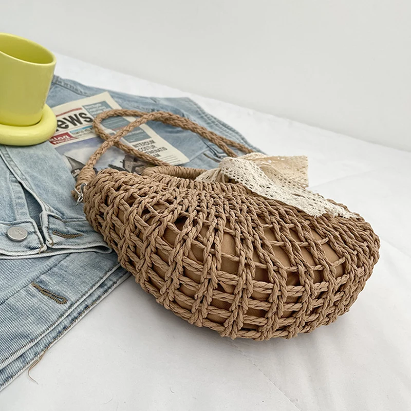 Handmade Half-Round Rattan Woven Straw Crossbody Bag Summer Beach Travel Shoulder Bags Bohemia Small Handbag For Women Totes
