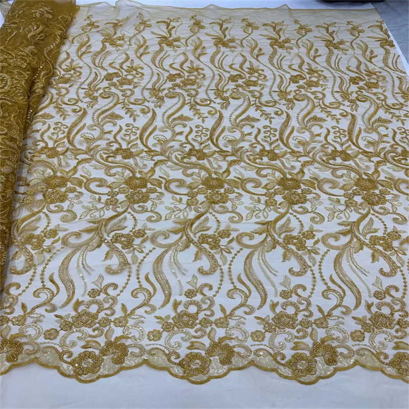

Yellow Latest 2024 African Lace Fabric High Quality Sequins Groom Embroidery For Women Wedding Party Dress Mesh Fabric 5 Yards