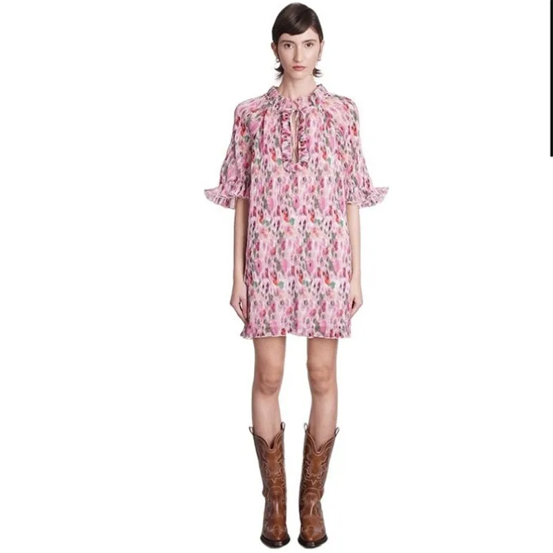 

Summer 2023 Women Floral Print Dress Chiffon Sweet Fasion Office Lady Half High Collar Elegant Butterfly Sleeve Casual Vestidos