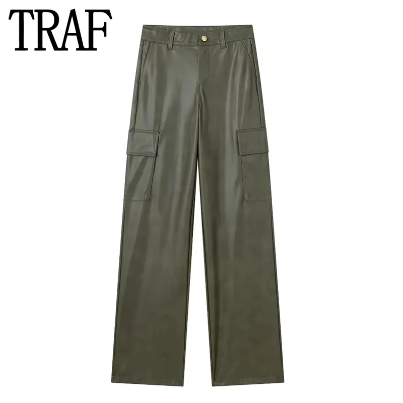 

Брюки-карго женские из искусственной кожи с завышенной талией и прямыми штанинами