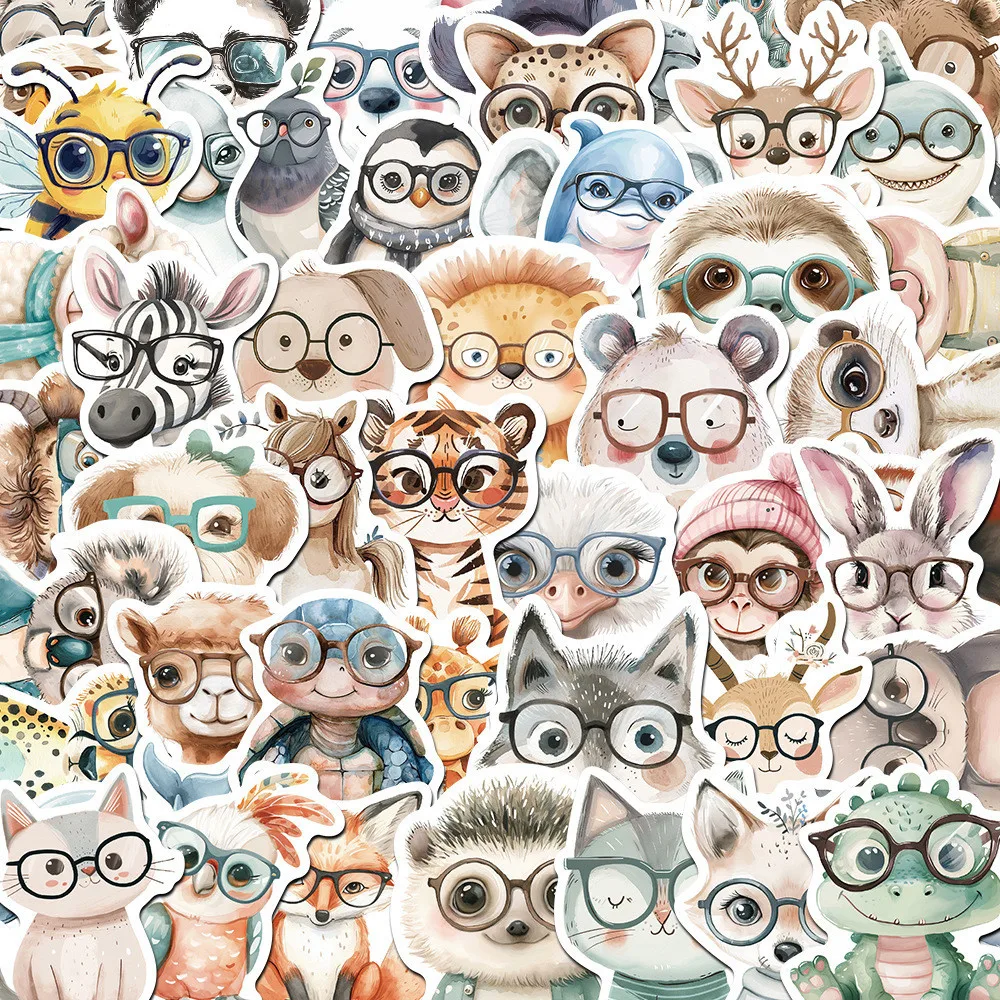 50PCS Cute Cartoon Animals with Glasses Stickers Waterproof Graffiti ...