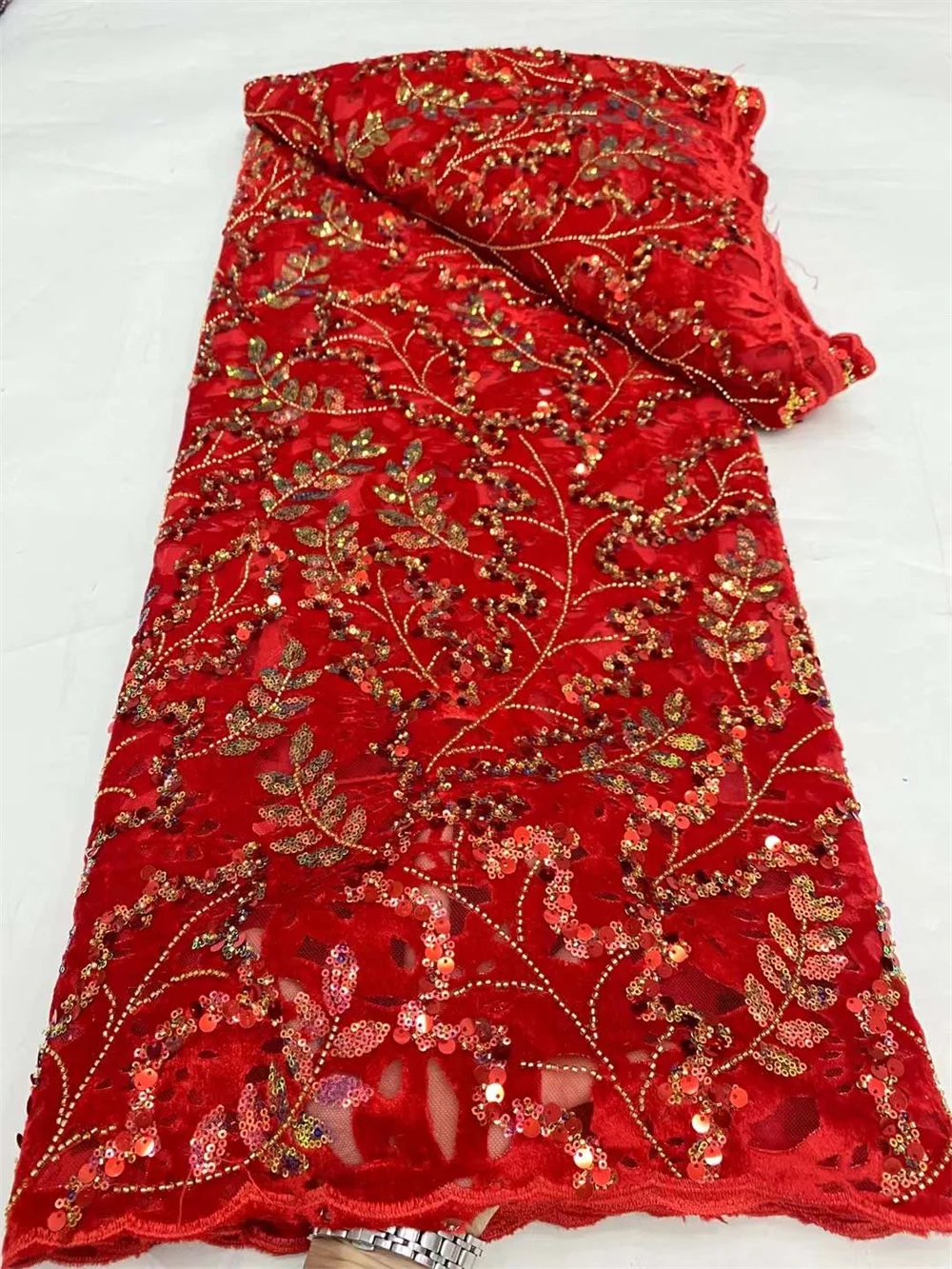 

Latest Red French Velvet Tulle Lace Fabric 5 Yards 2024 High Quality Nigerian African Sequins Lace Fabric For Wedding DrWp502-2