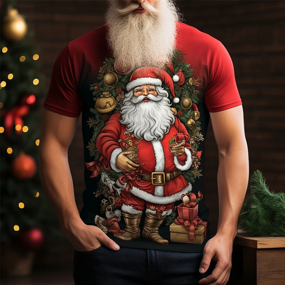 

New Cool Santa Claus Elements Printed T-Shirt Men Breathable Holiday Elements Short Sleeved Summer Casual Undershirt Men's Top