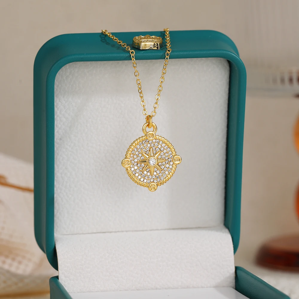 Personality Full with Cubic Zirconia Thick Star Circle Pendant Neckalce Versatile for Everyday Wear Stainless Steel Jewelry New