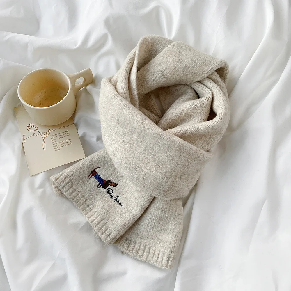 Fresh and Sweet New Winter Knit Wool Small Scarf for Women High - end Dog Embroidery Japanese - Korean Simple Matching