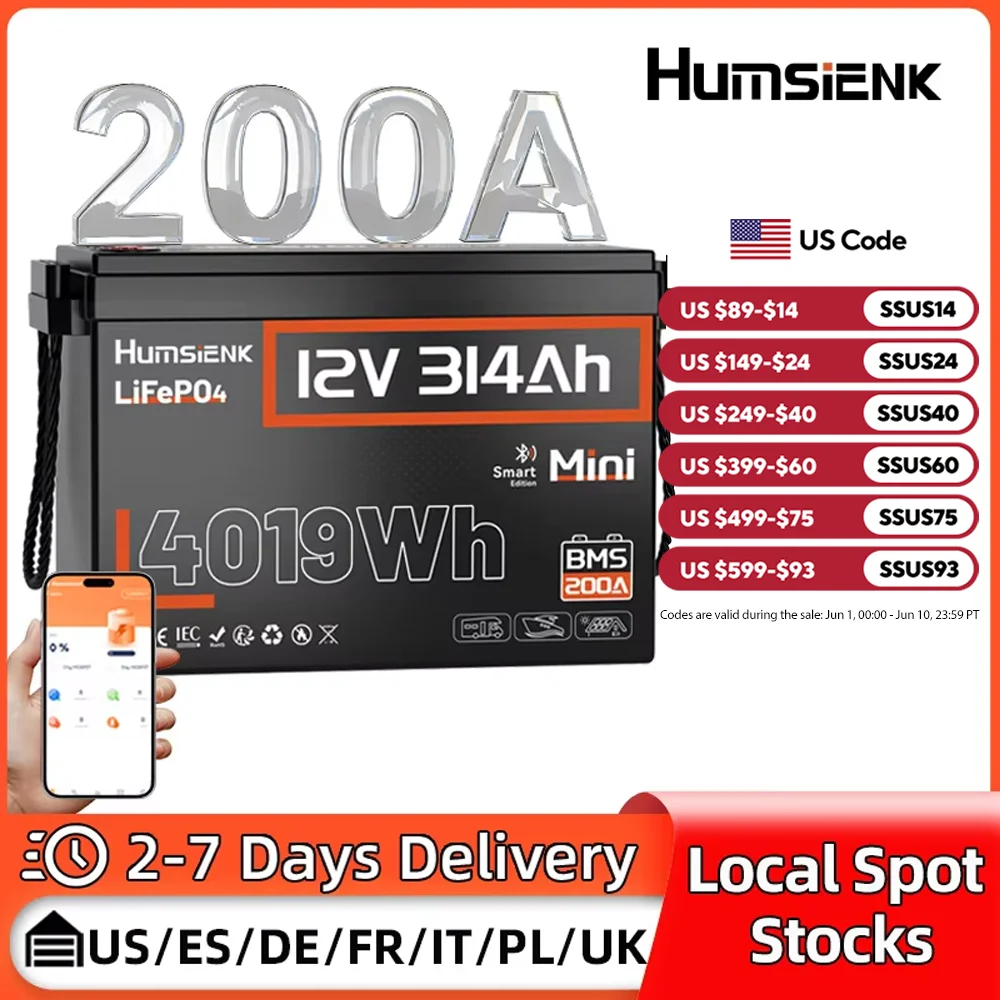 Humsienk Bluetooth LiFePO4 Battery 12V 314AH With 200A BMS A+ Cells 15000 Cycles Real- time Monitor For Outdoor / Household