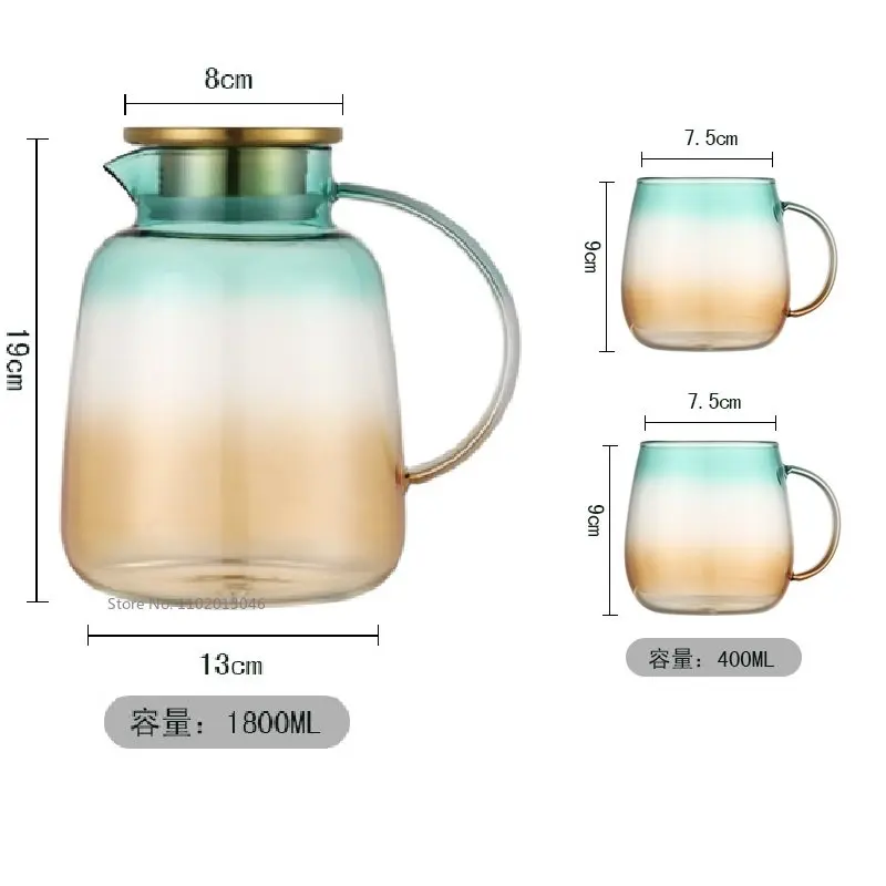 1.8L Large-apacity Heat-Resistant Teapot Cold Water Green Glass Decanter Kettle and Cups Set Lemonade Filter Jug Juice Milk Pitc