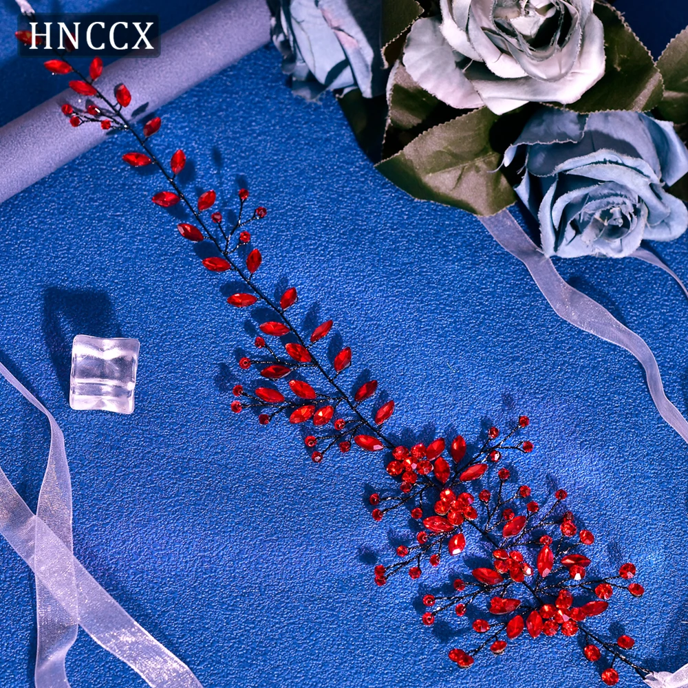 HNCCX 우아한 레드 컬러 라인스톤 꽃 신부 헤어 바인 야외 결혼식 연회용 수제 헤드피스 프롬 헤어 밴드 HP65