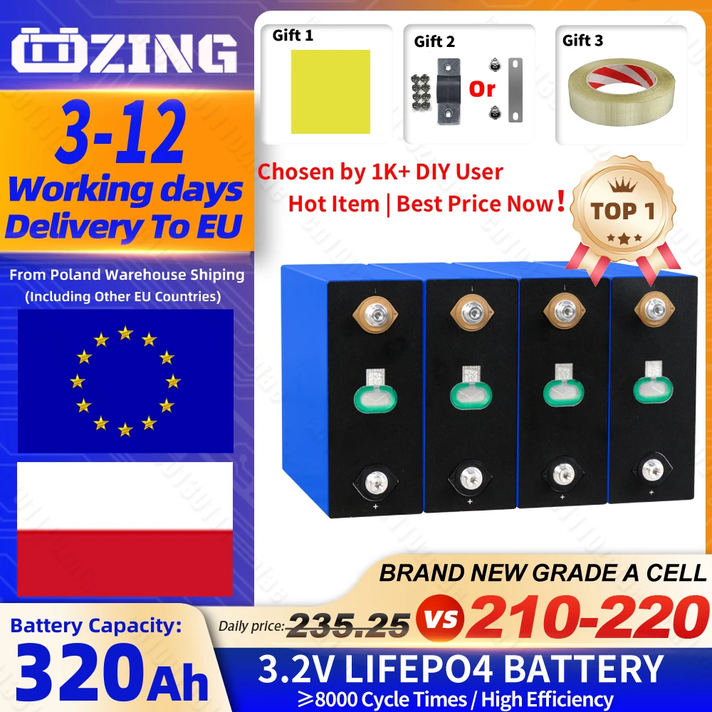 Batteria LiFePO4 3.2V 320Ah con 8000+ cicli di carica, disponibile in UE, per fai da te 12V 48V 72V 96V, camper, veicoli elettrici, campeggio, auto, barche, sistemi solari e accumulo energetico domestico