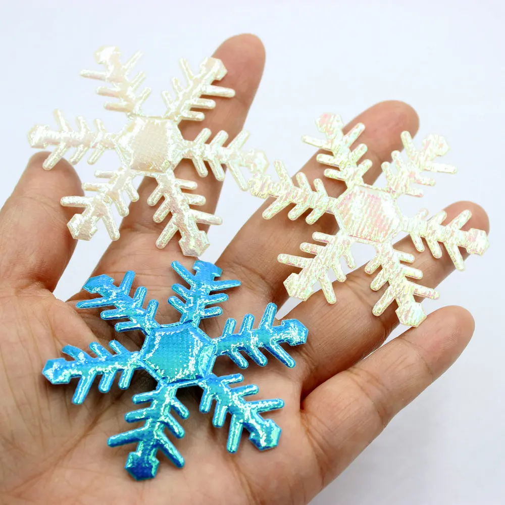 20개/세트 화이트 블루 글리터 무지개빛 펠트 눈꽃 패치 원단 아플리케 단면 65mm 축제 장식, DIY, 크리스마스 장식