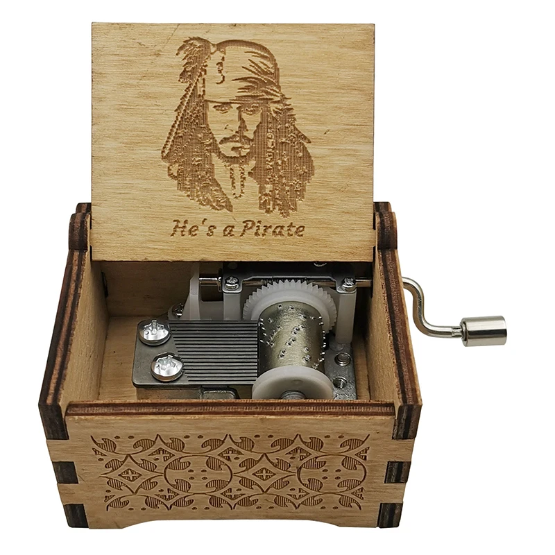 He's-A-Pirate Wooden Music Box Engraving Clockwork Type /Hand-operated Type Home Decoration Gift