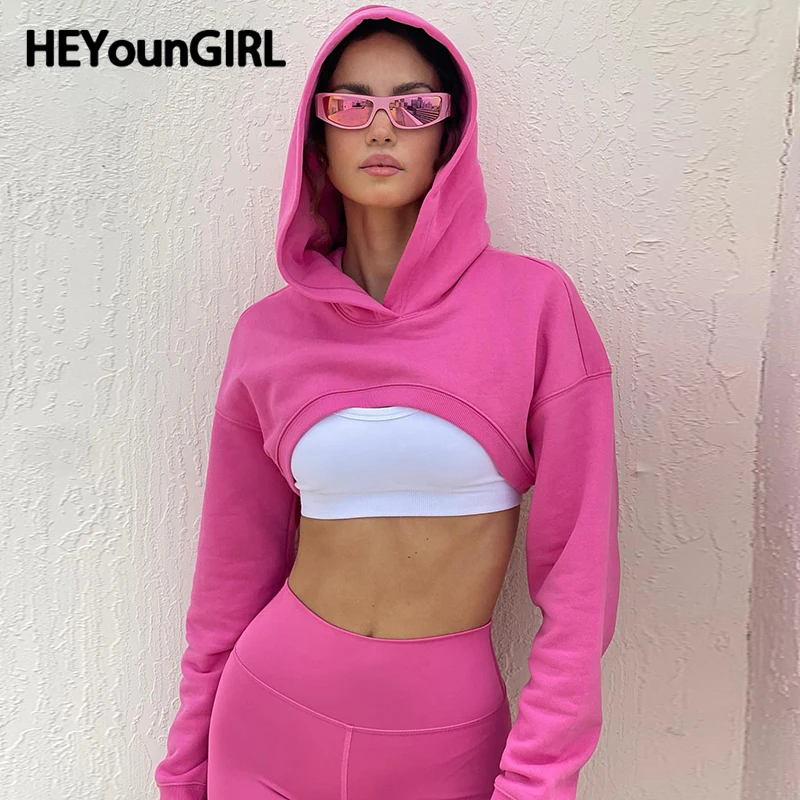 

Повседневная Толстовка HEYounGIRL с капюшоном, Женский однотонный базовый укороченный топ с длинным рукавом, спортивная одежда, осенние толстовки, модные пуловеры