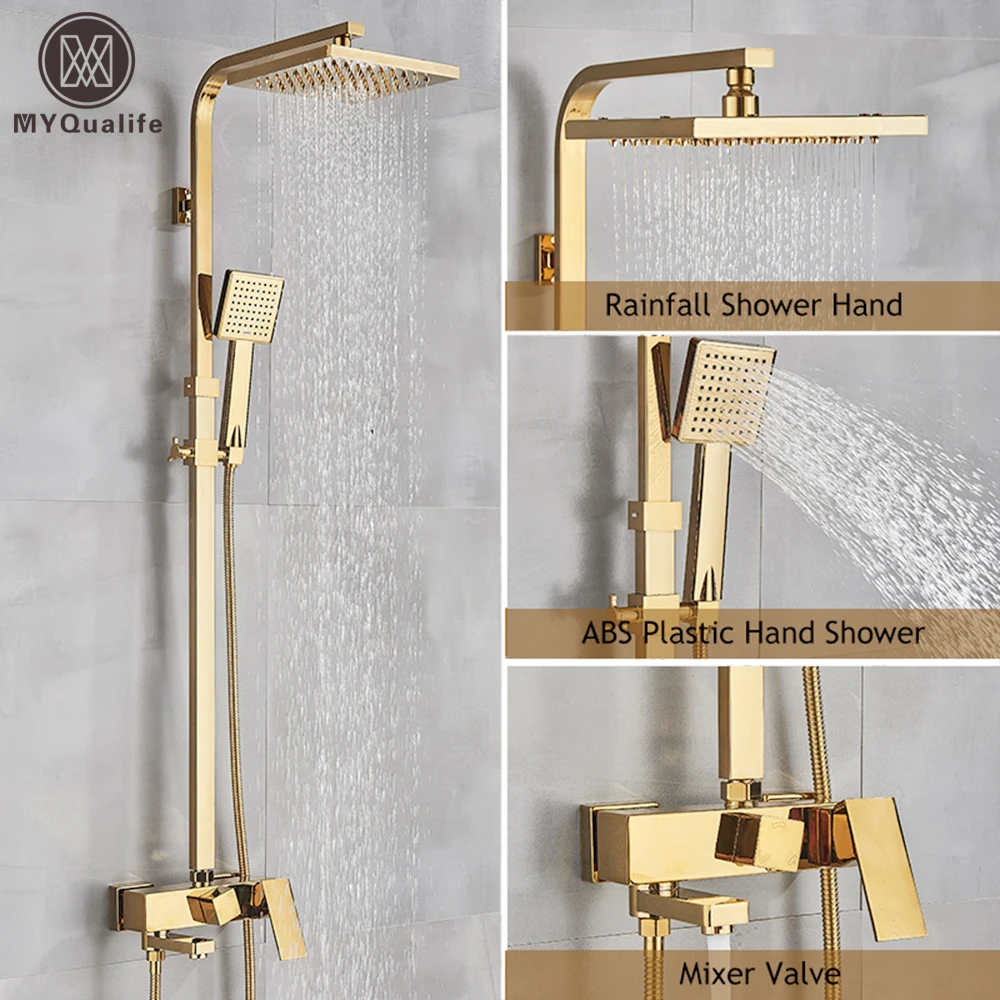 Gouden Koperen Douche Set Kraan Wandmontage Warme En Koude Bad Douche