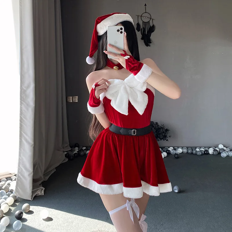 

Women's Christmas Costumes Sexy Santa Claus Cosplay Plush Sexy Lingerie Winter Red Skirt Rabbit Ear Cloak Roleplay Halloween Set