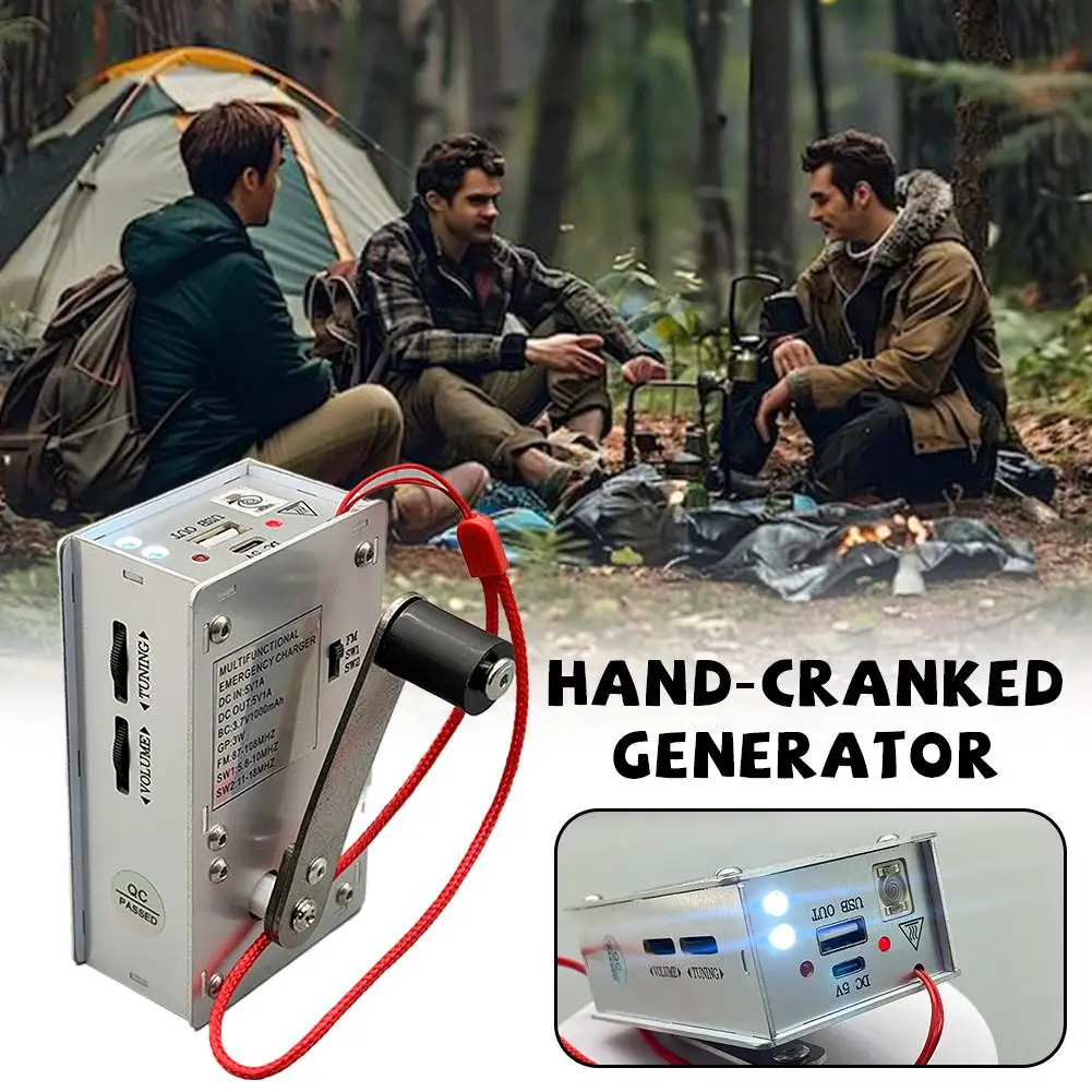 Generador de manivela con radio, mechero, power bank, linterna, etc