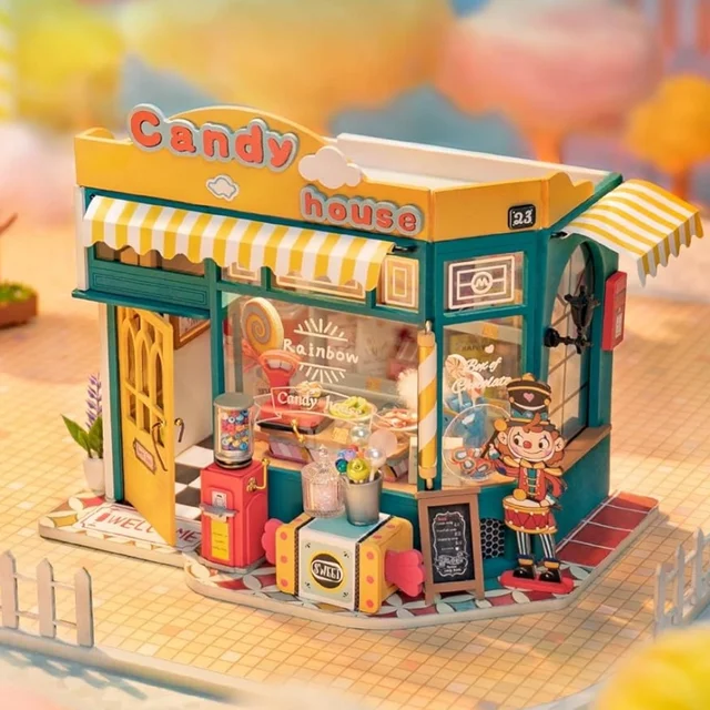 Robotime Rainbow Candy DIY Miniature House Kit with LED Home Decor Birthday for Adult