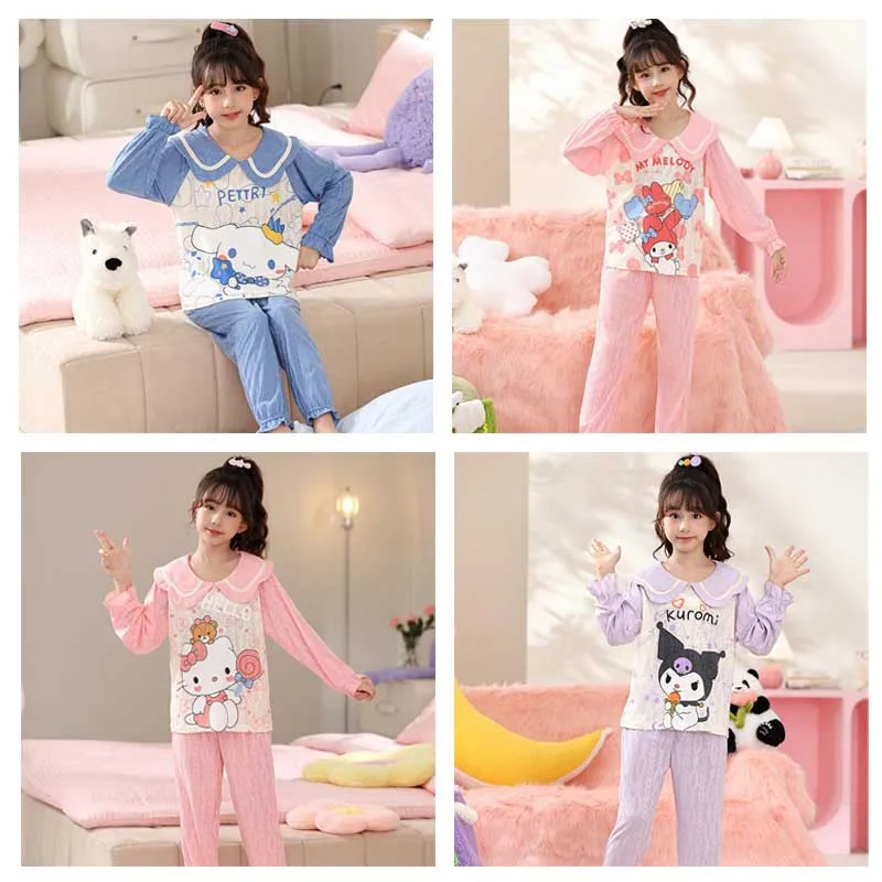

Kawaii Hello Kittys Pure Cotton Parent-Child Pajamas Set New Sanrioed Animation Melody Cinnamoroll Kuromi Home Wear Four Seasons