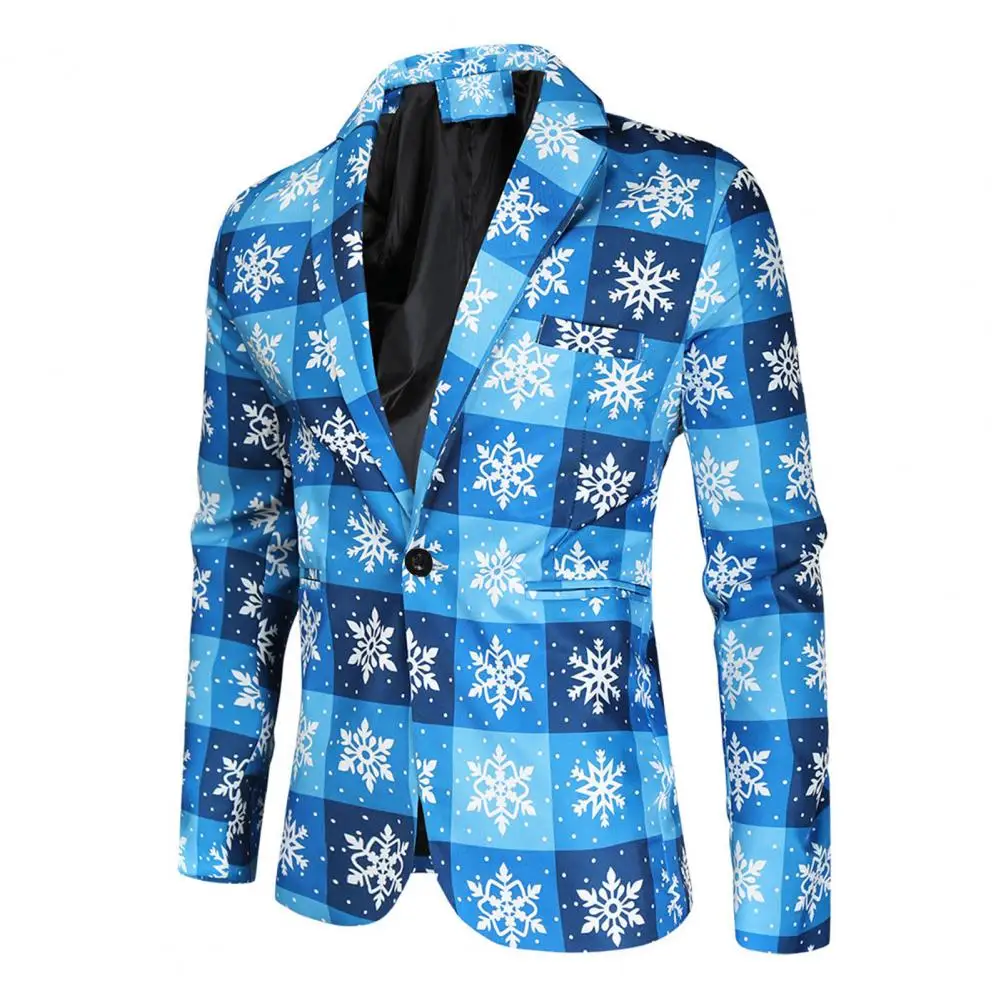 

Men Slim Fit Suit Jacket Trousers Set Stylish Men's New Year Party Suit Cartoon Santa Snowflake Print Plaid Pattern Color