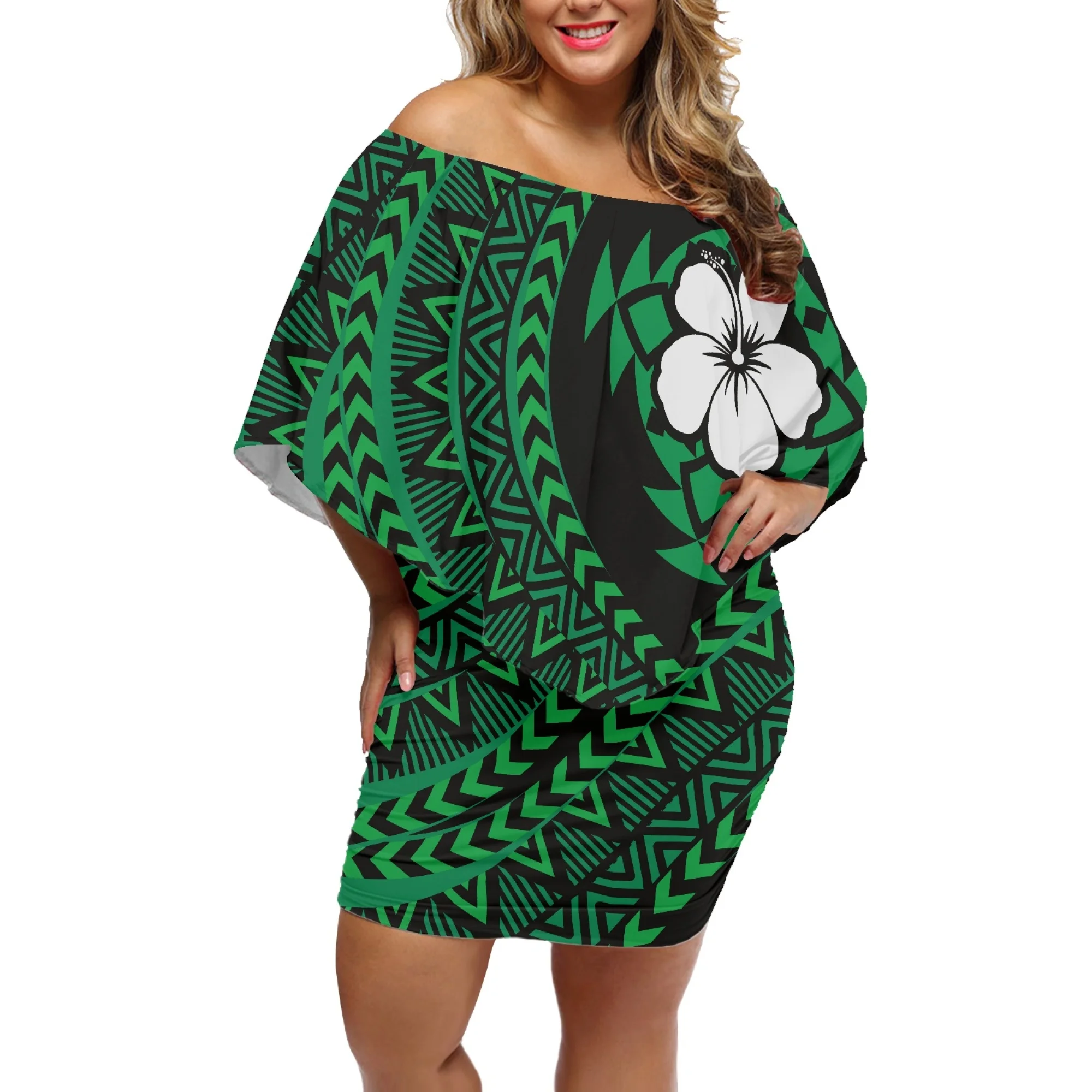 

Samoa Tattoo Print Form-Fitting Sexy Summer Dress Comfortable One-Line Ruffled Collar Half Sleeve Evening Gown For Women