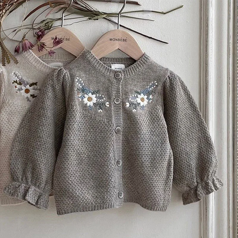 Girl Retro Flower Lantern Sleeve Knitted Cardigan Toddler Girls Autumn Loose Casual Coat Kids Soft Single Breasted Sweater baby girls sweater