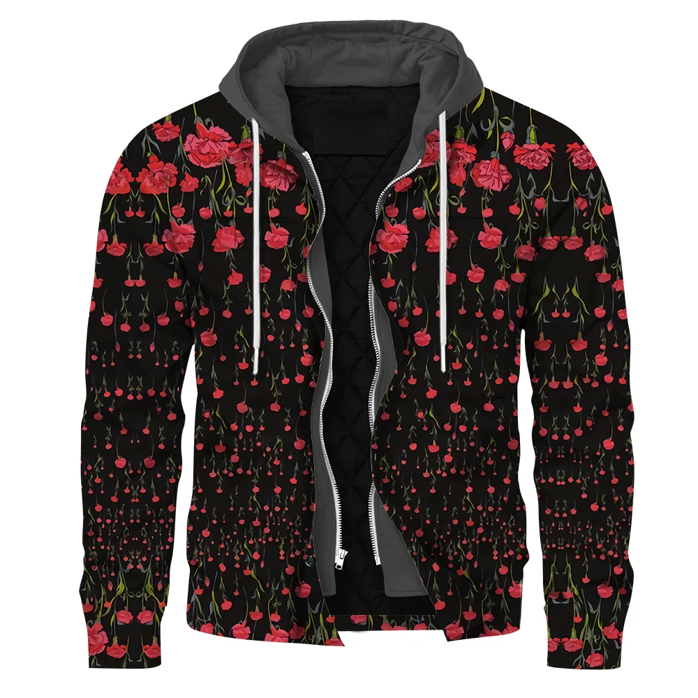 

HX2 In 1 Mens Jacket Little Floral Rose 3D Printed Hoodies Zip Long Sleeve Streetwear Casual Shirt Warm Jackets Mens Coats