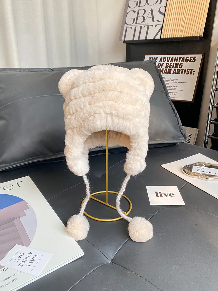 Kinder Bär Ohr Wärmer Pelzmütze Nette Echte Rex Kaninchen Fell Mützen Winter Warme Gestrickte Pelzmütze Kinder Mode Zubehör – Detail 2