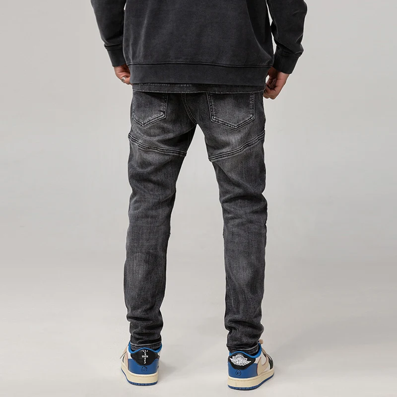 Street Fashion Men Jeans Retro Black Gray Elastic Slim Fit Spliced Biker Jeans Men Wrinkle Patch Designer Hip Hop Pants Hombre