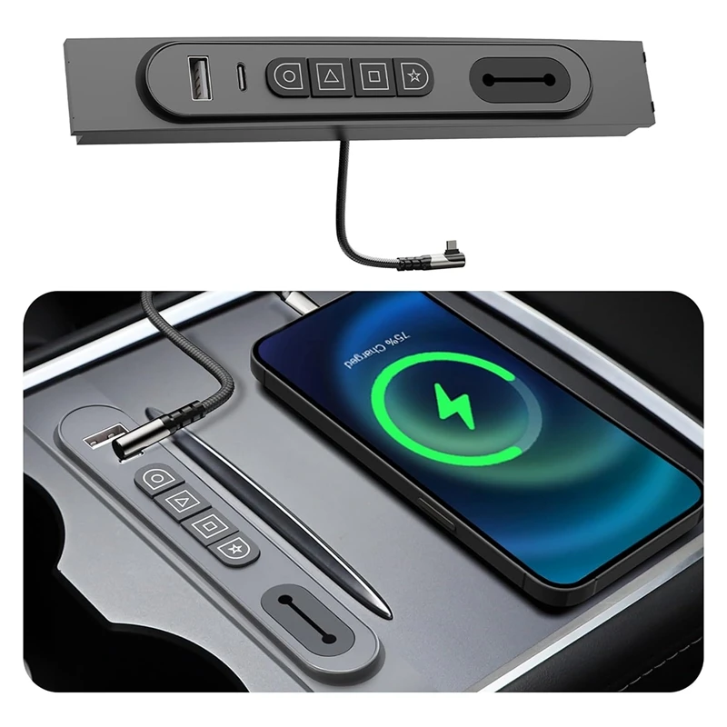 

27W PD Fast Charging Car Docking Station Smart Control Physical Buttons With USB Hub For Tesla Model Y/3 2021-2023