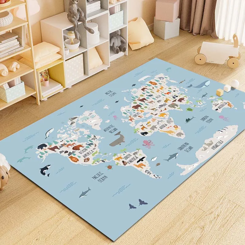 Alfombra con estampado de mapa del mundo de dibujos animados para el hogar, sala de estar, dormitorio, sofá, felpudo, decoración, Alfombra de área de juegos para niños, Alfombra de piso antideslizante, regalo