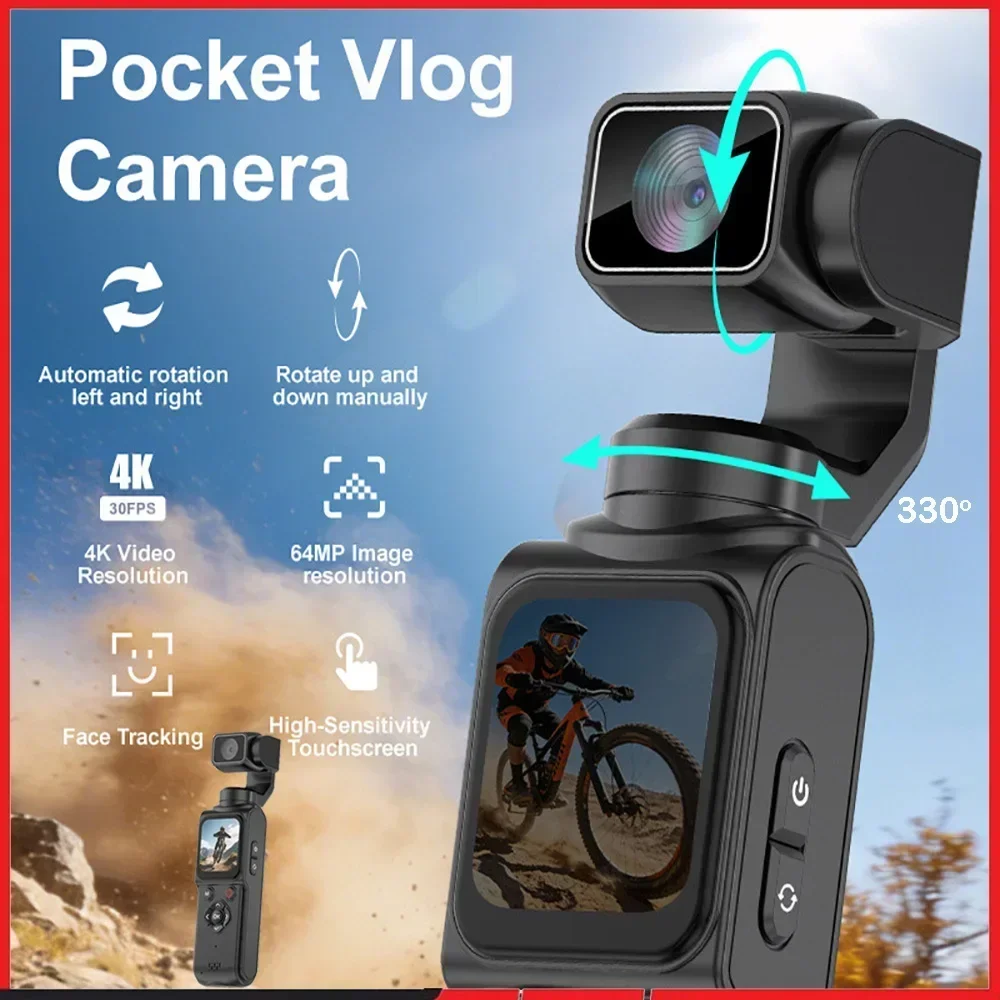 4K Ultra HD Pocket Gimbal Stabilizer Action Camera 330° Face Tracking 18x Zoom 1.72" Touch Screen Wi-Fi Vlog Portable Sports Cam