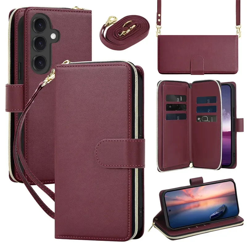 Leather Flip Phone Case with Long Lanyard and Zipper Wallet