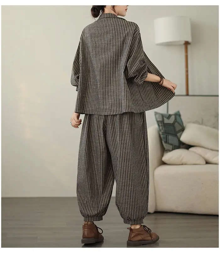 Retro Stripe Cotton And Linen Suit 2024 Women's Autumn Temperament Casual Wide Leg Harem Pants Loose Oversized 2 Piece Set K2478