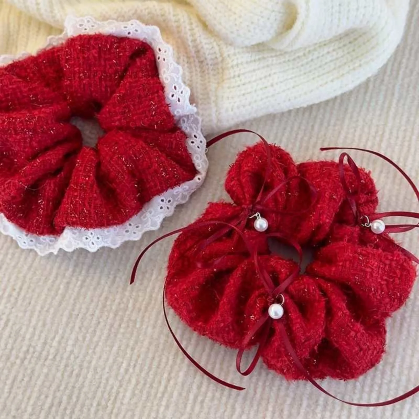 1PC Red Glitter Scrunchies Set, Lace Trim & Pearl Ribbon Decor Hair Ties, Elegant Retro-Style Elastic Hair Bands For Women