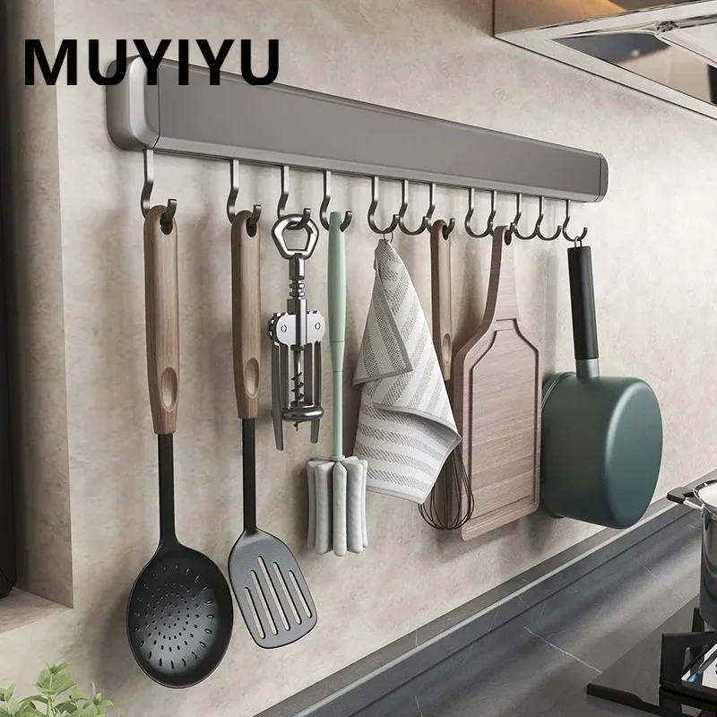 MUYIYU Kitchen Hook Rack No-Punching Wall Mounted Storage Rack Spoon Holder Spatula Organizer Shelf Kitchen Utensil Accessories