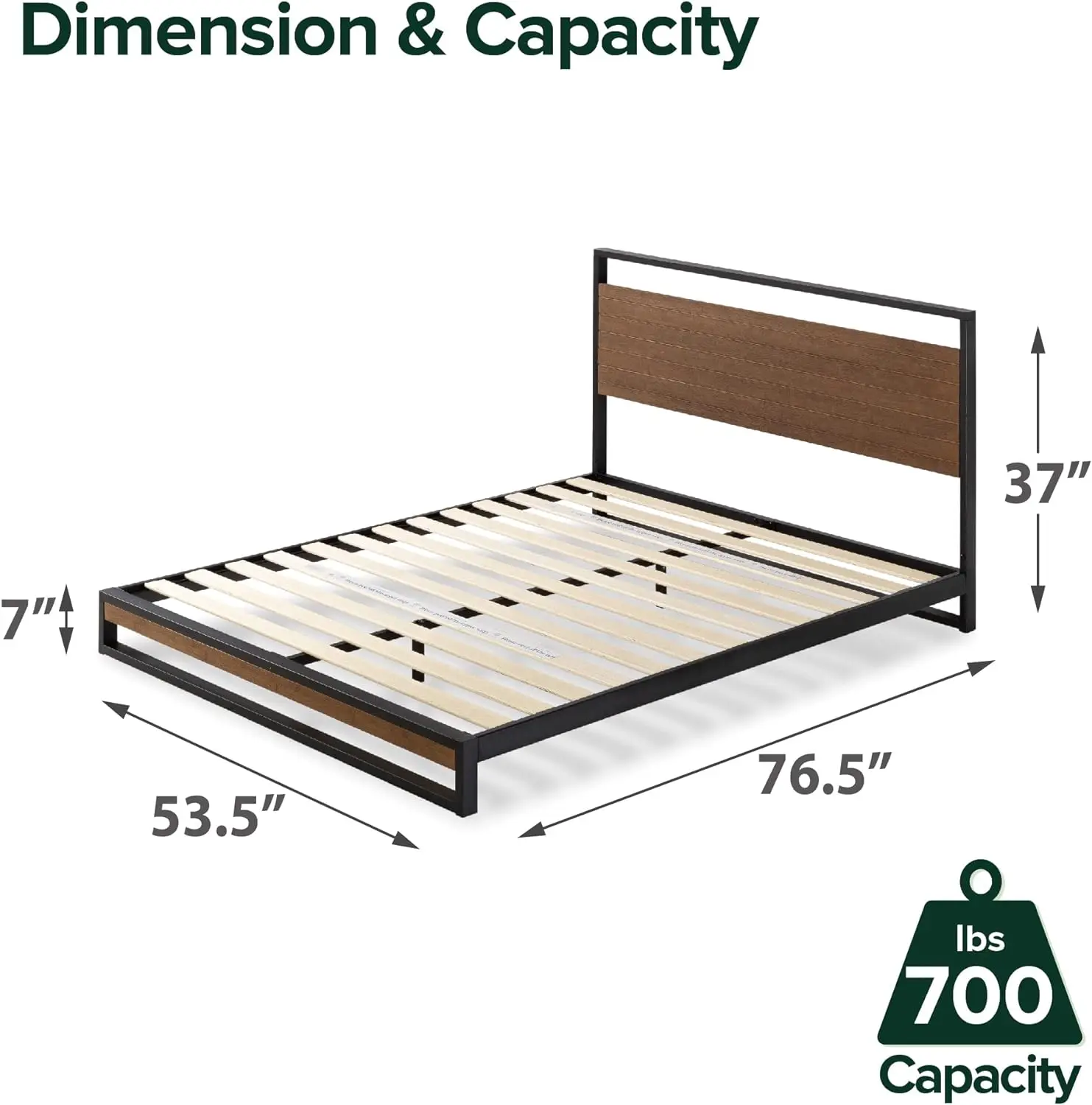 Suzanne 37 Inch Bamboo and Metal Platform Bed Frame / Solid Steel Construction / No Box Spring Needed Wood Slat Support Easy
