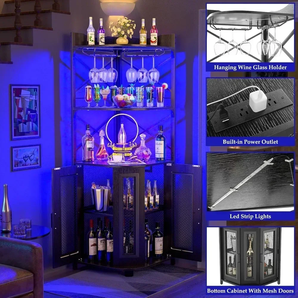 5-layer corner bar cabinet with power sockets, industrial wine cabinet with LED light strips and glass brackets