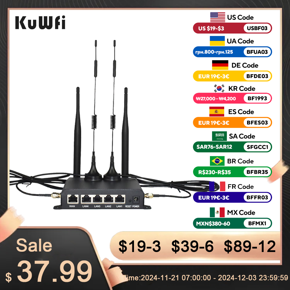 KuWFi 4G LTE WiFi Router 2.4G CAT4 300Mbps RJ45 Port Support VPN DDNS Firewall Function Wall-Mounted External 4pcs Antennas