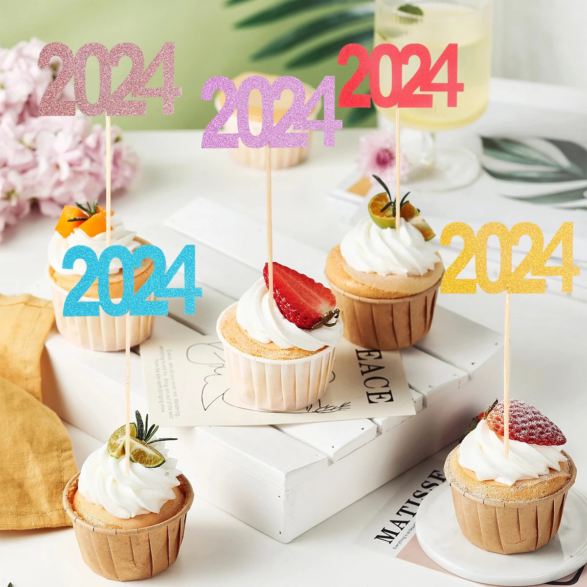 Set, Eight Pieces Of New Year Cross-border Party Decoration Imitation Hot  Stamping Powder-free Topper 2024 New Year Theme Party Cake Topper