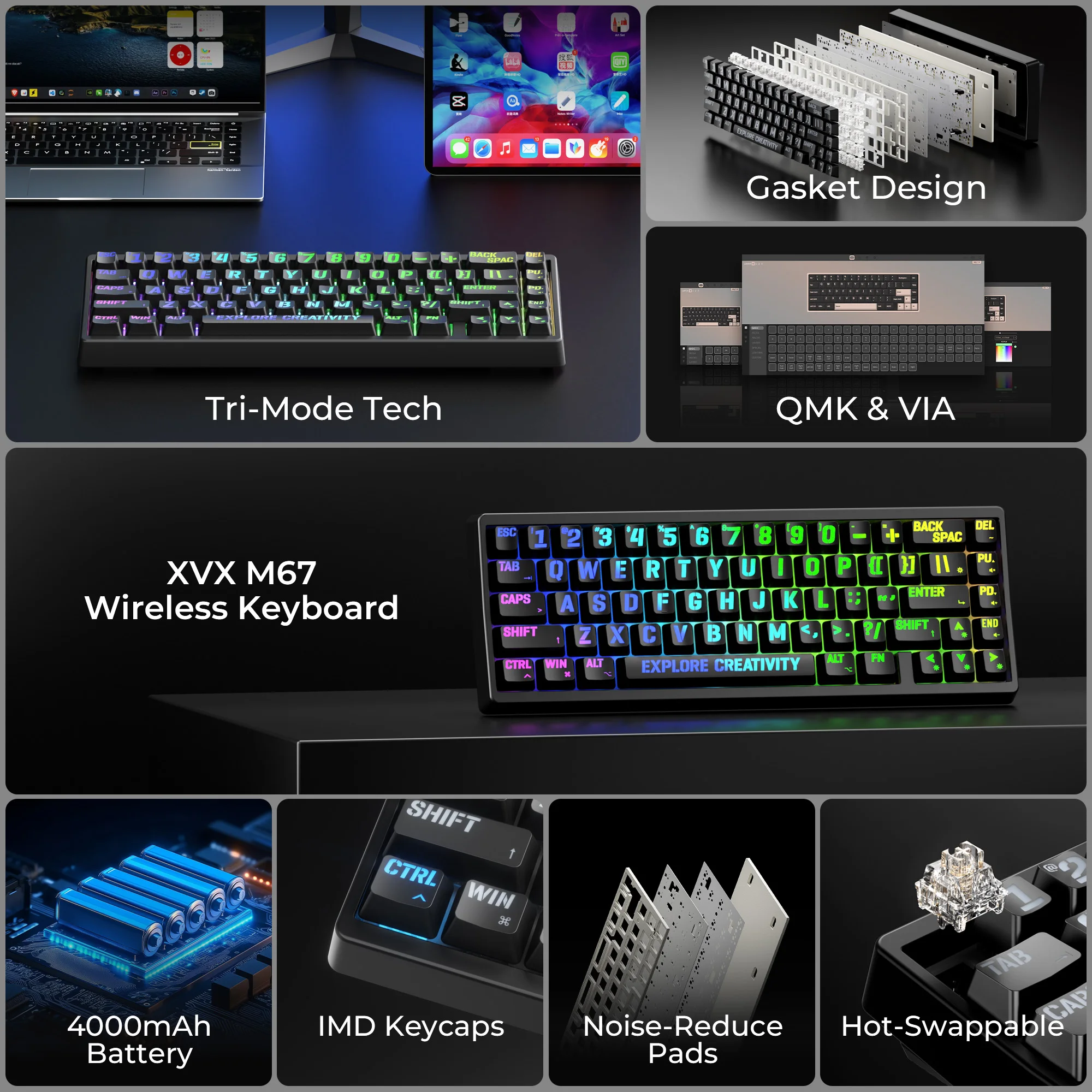 XVX M67 JadeStone Mechanical Keyboard With IMD-Tech Keycaps (Miami
