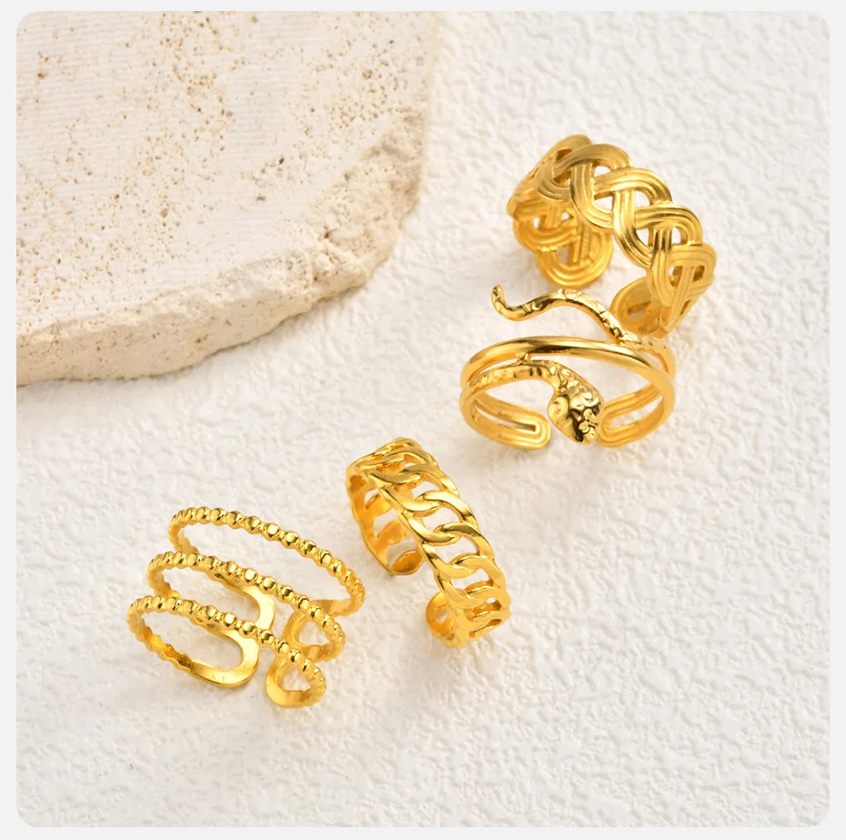 Vnox Goldfarbener Unregelmäßiger Hohler Mehrschichtiger Ring, Edelstahl Schlangenförmiger Offener Ring für Frauen, Gedrehter Offener Ring Geschenk – Detail 5