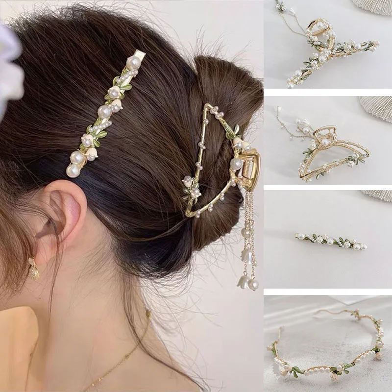 The New Manual Refined Super fairy temperament Lily of the Valley Shark Clip Hair Claw Clips For Women Headwear Decorate the new super fairy temperament gold silver rose tassel hair clip clips for women headwear claw clip ins one word clip decorate