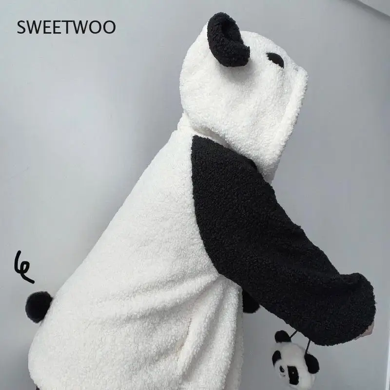 Autumn Winter Kawaii Hoodies Women Japanese Soft Girl Lambswool Cute Panda Ear Oversized Hoodie Preppy Style Button Coat