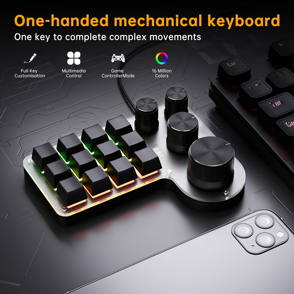 12 Keys 4 Knobs Programming Macro  Keyboard RGB USB Wired/Bluetooth-Compatible Copy Paste Mini Button for Gamers/Designers