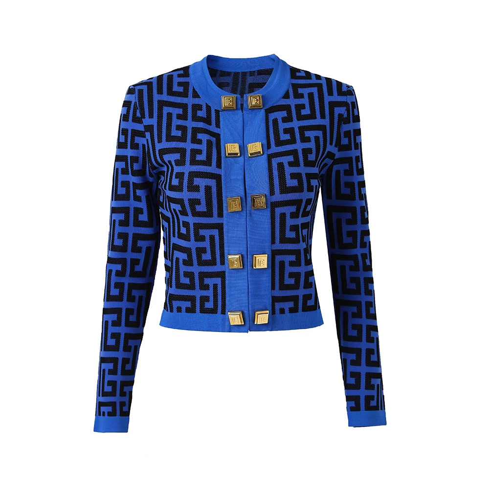 

Осенне-весенний Стильный вязаный свитер с круглым вырезом и геометрическим узором в европейском стиле; Новый дизайн; Настраиваемые кнопки