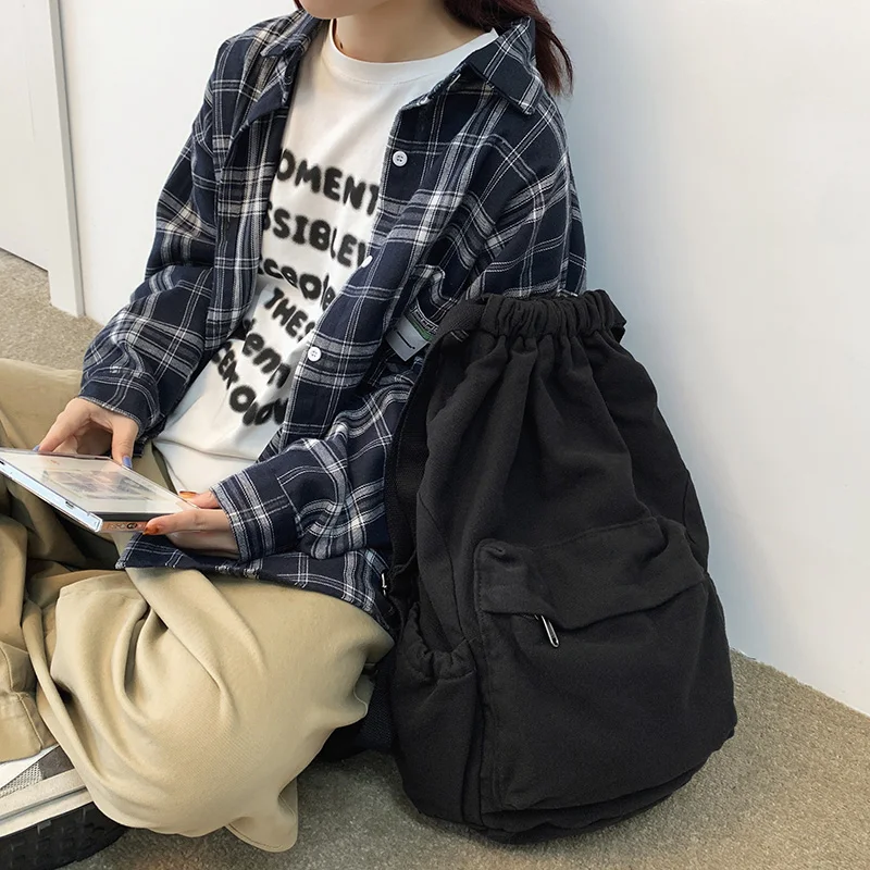 HOCODO Canvas Drawstring College Backpack Fashion Anti-Theft Backpack Solid Color Student Backpack Unisex Vintage Backpack Women 