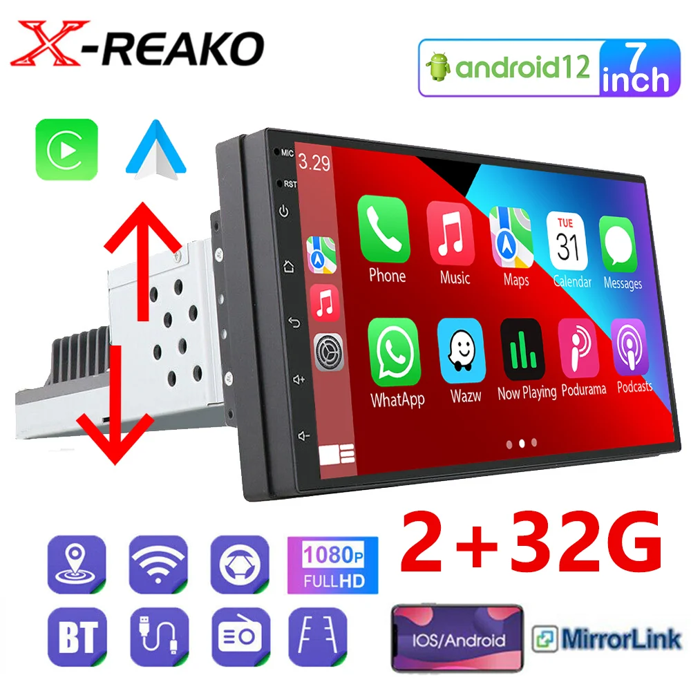 XREAKO 7 '' 1 Din Car Radio Android 12 Carplay Android Auto Multimedia