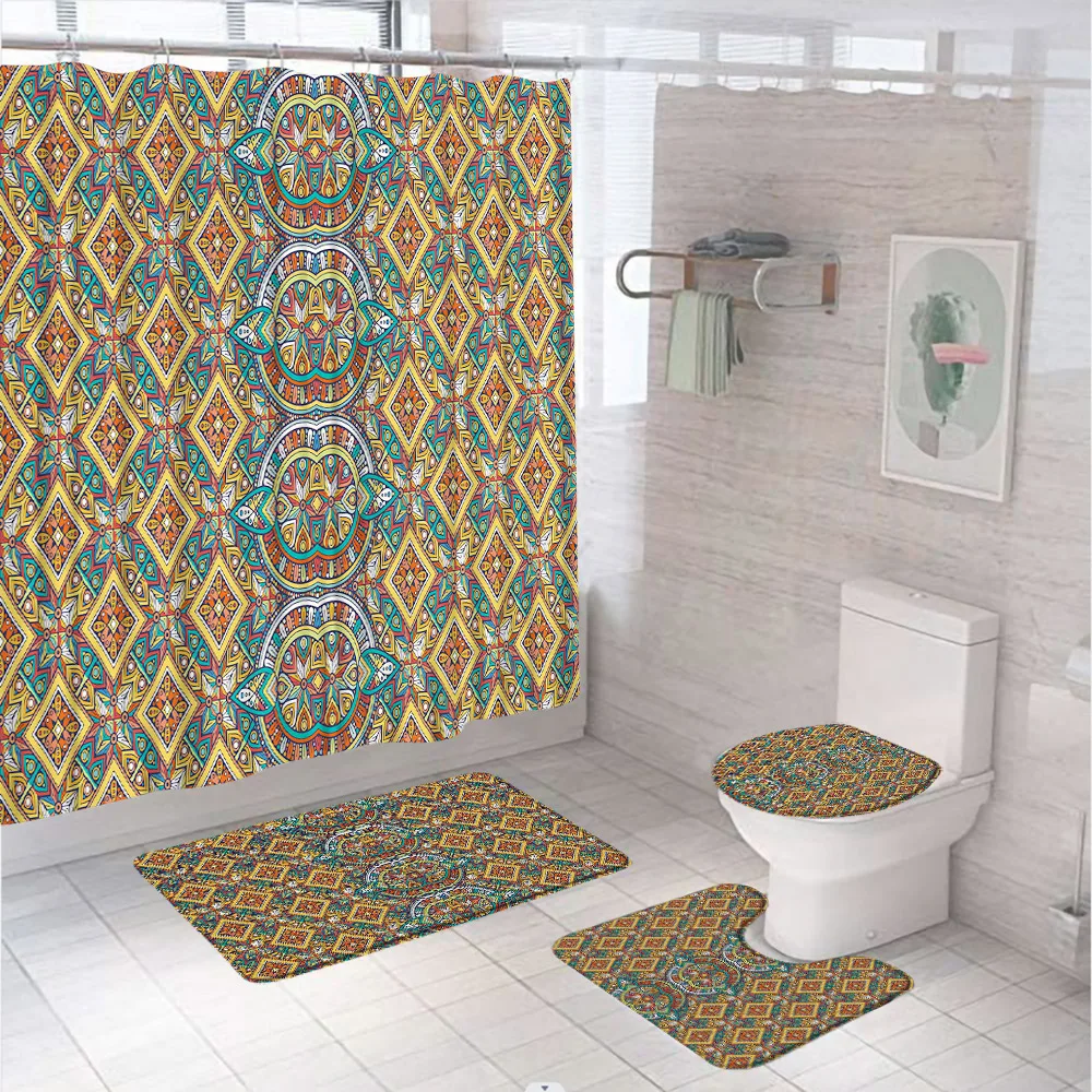 Vintage Boho Bathroom Sets Shower Curtain Rug Bath Mats Lid Toilet Cover Bohemia European Geometric Mandala Floral Bath Curtains